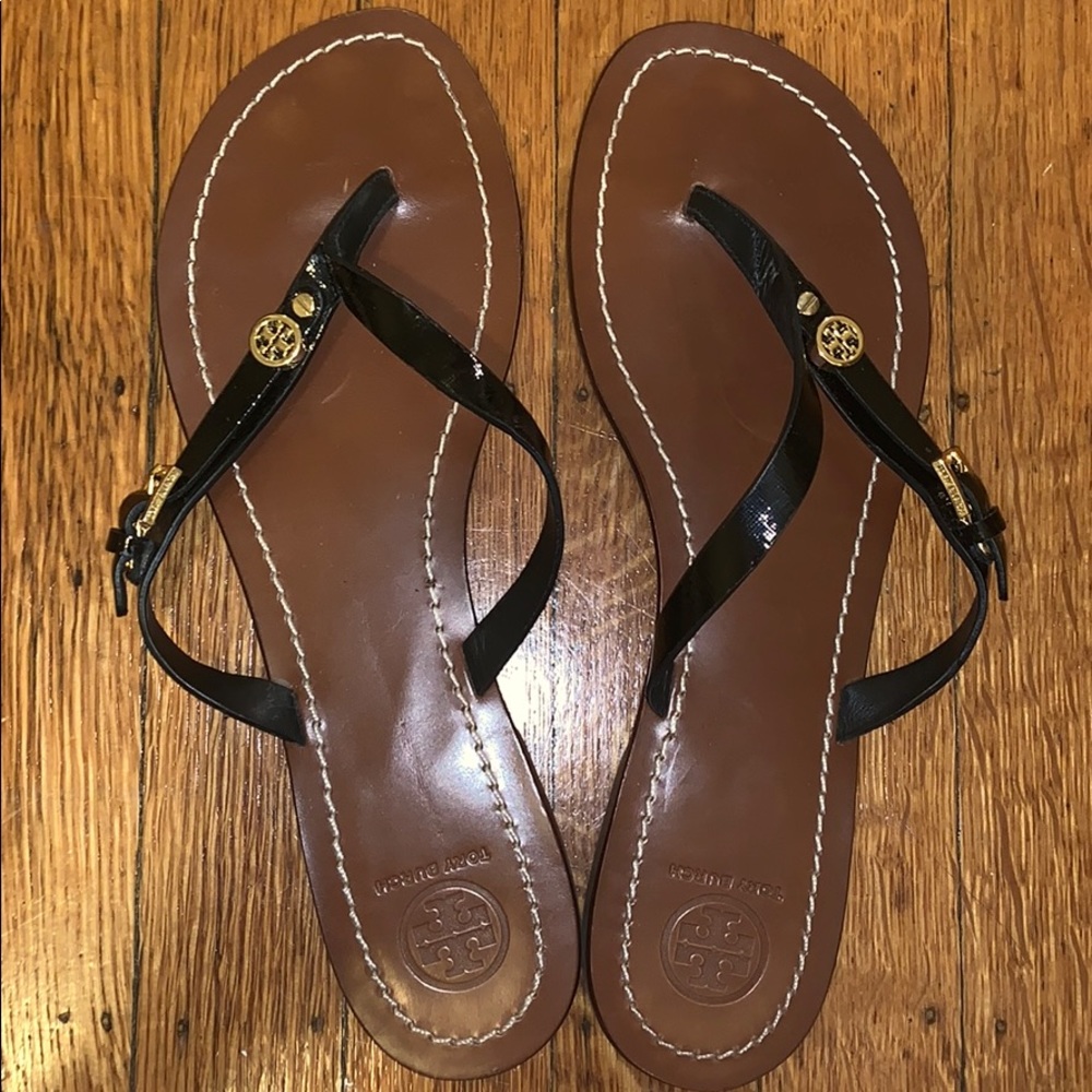 Tory Burch black leather flip flops